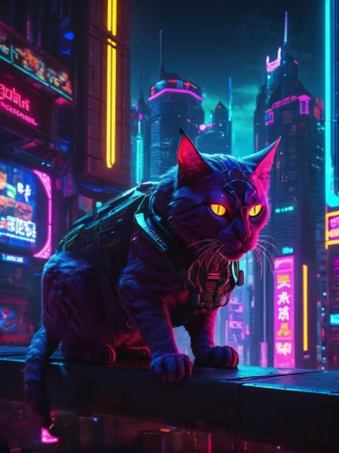 cyberpunk,neon lights,neon,street cat,cat,neon light,80s,alley cat,neon coffee,nyan,pink cat,metropolis,katz,black cat,cyber,panther,feline,cats,would a background,neon ghosts,Conceptual Art,Sci-Fi,Sci-Fi 26