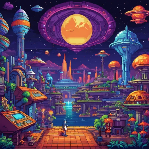 fantasy city,space port,alien world,mushroom landscape,dream world,fantasy world,futuristic landscape,alien planet,spacescraft,scifi,cartoon video game background,sci - fi,sci-fi,aurora village,pixel art,gas planet,colorful city,3d fantasy,fantasy landscape,mushroom island,Unique,Pixel,Pixel 05