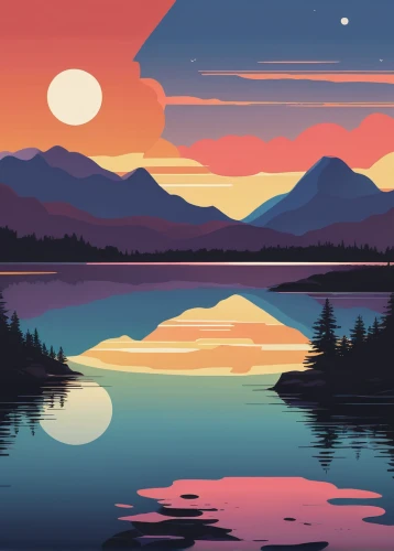 evening lake,vermilion lakes,tofino,lake mcdonald,dusk background,alaska,mountainlake,moonrise,mountain sunrise,landscape background,dusk,mountain lake,trillium lake,lake,west canada,loch,montana,yukon territory,high mountain lake,coast sunset,Illustration,Vector,Vector 12