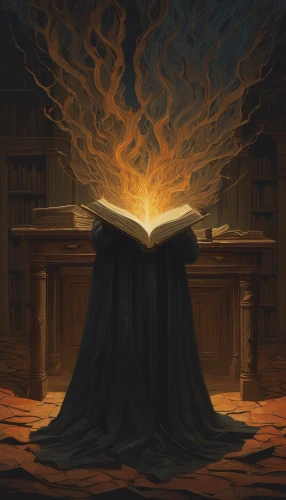 burning tree trunk,magic book,burning bush,magic grimoire,cauldron,burnt pages,scholar,open book,mystery book cover,games of light,pillar of fire,sci fiction illustration,spell,debt spell,divination,a book,bibliology,books,the books,read a book,Conceptual Art,Oil color,Oil Color 16