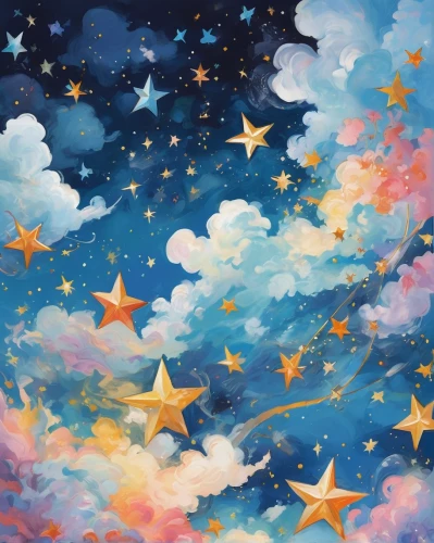 colorful stars,falling stars,starry sky,star sky,rainbow and stars,hanging stars,stars and moon,stars,night stars,falling star,colorful star scatters,moon and star background,night sky,baby stars,starry,starry night,star winds,star garland,fairy galaxy,nightsky,Conceptual Art,Oil color,Oil Color 18