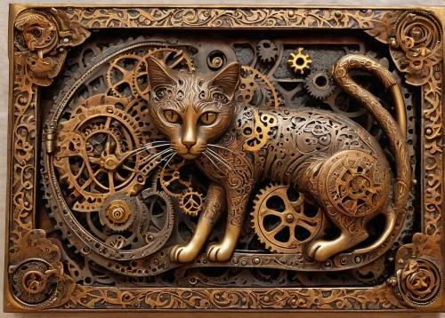 carved wood,clockmaker,ship's wheel,bengal clockvine,wood carving,cat frame,antiquariat,steampunk,mechanical puzzle,cat european,decorative art,vintage cat,wood art,art nouveau frame,folk art,the laser cuts,watchmaker,clockwork,steampunk gears,cat vector,Illustration,Realistic Fantasy,Realistic Fantasy 13