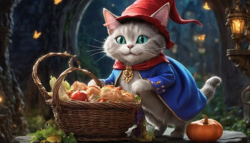 halloween cat,peter rabbit,oktoberfest cats,tea party cat,fairy tale character,alice in wonderland,cat sparrow,cat image,figaro,cartoon cat,fantasy picture,hatter,cat european,cute cat,geppetto,cat,little red riding hood,tom cat,fairytale characters,candy cauldron,Illustration,Realistic Fantasy,Realistic Fantasy 02
