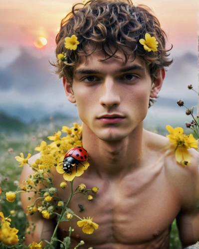 nature and man,pollinate,pollinator,photo manipulation,pollinating,photoshop manipulation,image manipulation,pollination,photomanipulation,cupido (butterfly),beekeeper plant,bee,beekeeper,wild flowers,fae,gardener,wild flower,tanacetum balsamita,on a wild flower,permaculture,Photography,Fashion Photography,Fashion Photography 24
