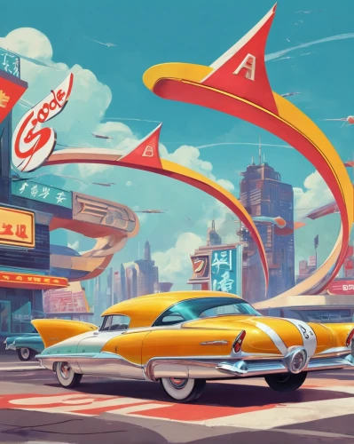 retro diner,route 66,route66,tail fins,fifties,car hop,retro car,50's style,retro automobile,50s,hudson hornet,60's icon,atomic age,retro vehicle,retro background,ford starliner,buick super,edsel,nash metropolitan,1959 buick,Illustration,Retro,Retro 12