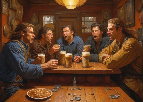 drinking party,drinking establishment,fraternity,the coffee shop,men sitting,irish pub,american-pie,tetleys,social group,craftsmen,wise men,beers,a pint,the pub,holy supper,craft beer,oil painting on canvas,beer,coffeehouse,meticulous painting,Illustration,Realistic Fantasy,Realistic Fantasy 03