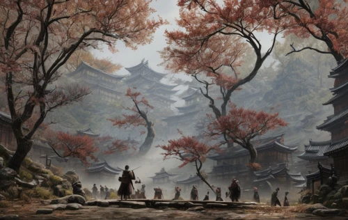 guards of the canyon,mountain scene,fantasy landscape,huangshan maofeng,autumn mountains,korean village snow,fantasy picture,background with stones,fallen giants valley,elven forest,japan landscape,forest workers,huashan,forest landscape,autumn landscape,huangshan mountains,monks,japanese mountains,mountain landscape,druid grove,Game Scene Design,Game Scene Design,Japanese Martial Arts