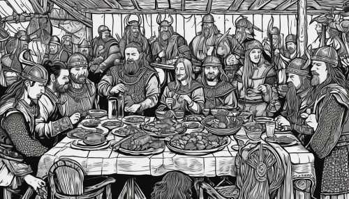 holy supper,pesach,long table,dinner party,albrecht dürer,christ feast,portuguese galley,candlemas,last supper,shrovetide,arthur rackham,medieval market,leittafel,round table,a party,food table,the dining board,tablescape,exclusive banquet,breakfast on board of the iron,Illustration,Black and White,Black and White 14