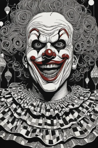 creepy clown,horror clown,scary clown,rodeo clown,clown,ringmaster,circus,it,joker,ronald,clowns,cirque,comedy tragedy masks,mcdonald,circus animal,circus show,comedy and tragedy,split personality,paper art,juggler,Illustration,Black and White,Black and White 19