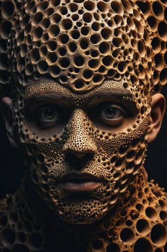 trypophobia,honeycomb grid,honeycomb,honeycomb structure,hex,building honeycomb,woven,gold mask,hive,primitive man,chain mail,beekeeper,golden mask,pores,pollen,wooden mask,protective mask,flu mask,dots,chainlink,Art,Classical Oil Painting,Classical Oil Painting 06