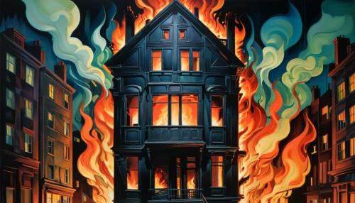 city in flames,the conflagration,fire escape,burning house,house fire,fire ladder,conflagration,david bates,fireplaces,fire disaster,the house is on fire,brownstone,pillar of fire,town house,smouldering torches,fire background,magic castle,burned down,tenement,apartment house,Art,Artistic Painting,Artistic Painting 34