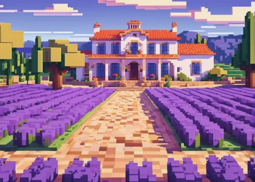 lavender fields,purple landscape,napa,grape plantation,vineyards,lavender field,vineyard,grapevines,valensole,tuscan,viticulture,pixel art,necropolis,fruit fields,grape harvest,winery,vinpearl land,grape harvesting machine,pompeii,napa valley,Unique,Pixel,Pixel 03