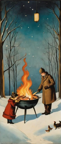 campfire,outdoor cooking,campfires,feuerzangenbowle,portable stove,romantic dinner,fireside,modern christmas card,winter service,night scene,barbecue,christmas scene,camp fire,ice fishing,christmas night,romantic night,nordic christmas,warming,warmth,roasted chestnuts,Illustration,Black and White,Black and White 25