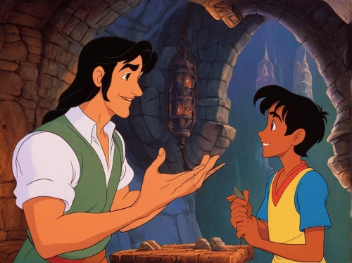aladdin,aladin,aladha,mowgli,lilo,ash wednesday,jasmine,hercules,neo-stone age,as a couple,attraction theme,dialog,romantic scene,color image,courtship,handshaking,proposal,the girl's face,the hands embrace,brick-making,Illustration,Children,Children 01