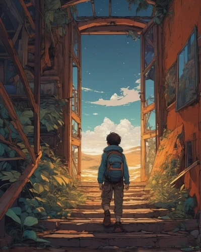 lost place,studio ghibli,exploration,wander,traveler,wanderer,lostplace,lost places,road forgotten,travelers,explorer,escaping,dream world,home or lost,abandoned,going home,abandoned place,pathway,2d,atmosphere,Illustration,Realistic Fantasy,Realistic Fantasy 12
