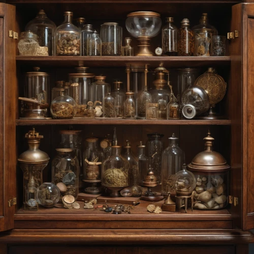 china cabinet,apothecary,cabinet,cupboard,storage cabinet,kitchen cabinet,cabinets,a drawer,display case,potions,jars,preserved food,scientific instrument,dresser,victorian kitchen,sideboard,candlemaker,storage-jar,glass containers,compartments,Photography,General,Natural