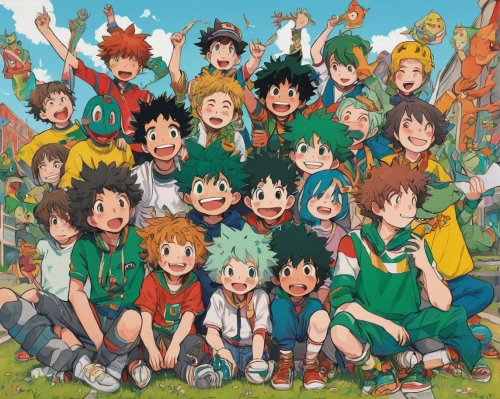 my hero academia,group photo,hero academy,happy faces,studio ghibli,together and happy,volleyball team,baseball team,happy children playing in the forest,sakana,dragon slayers,frog gathering,soccer team,team-spirit,would a background,tri-color,football team,school children,gathering,cheering,Illustration,Japanese style,Japanese Style 16