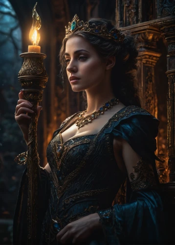 celtic queen,the enchantress,fantasy portrait,candlemaker,cinderella,sorceress,mystical portrait of a girl,blue enchantress,accolade,golden candlestick,fantasy picture,fantasy art,romantic portrait,queen of the night,fantasy woman,digital compositing,lady of the night,diadem,gothic portrait,queen anne,Photography,General,Fantasy