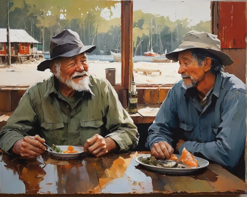 oil painting,old couple,pensioners,oil painting on canvas,gnomes at table,oil on canvas,men sitting,oil paint,conversation,fishermen,painting technique,old age,artists,pensioner,art painting,sculptor ed elliott,elderly people,italian painter,han thom,meticulous painting,Conceptual Art,Fantasy,Fantasy 10