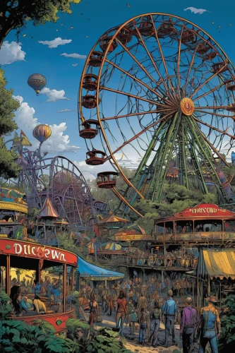 amusement park,annual fair,the disneyland resort,amusement ride,theme park,fairground,prater,luna park,children's ride,high wheel,coney island,funfair,ferris wheel,amusement,carousel,oktoberfest background,tomorrowland,oktoberfest,disneyland park,california adventure,Illustration,American Style,American Style 04