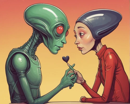 forbidden love,sci fiction illustration,romantic meeting,alien,couple in love,love story,courtship,extraterrestrial life,handing love,romance,aliens,connection,lovers,love in air,pda,couple - relationship,amorous,humans,romantic portrait,dating,Illustration,Paper based,Paper Based 01