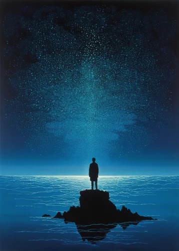 meditation,blue planet,the endless sea,adrift,guiding light,meditate,man at the sea,dr. manhattan,sea night,eternity,astral traveler,blue sea,enlightenment,cube sea,to be alone,loneliness,meditating,deep blue,solitary,vipassana,Illustration,Abstract Fantasy,Abstract Fantasy 20