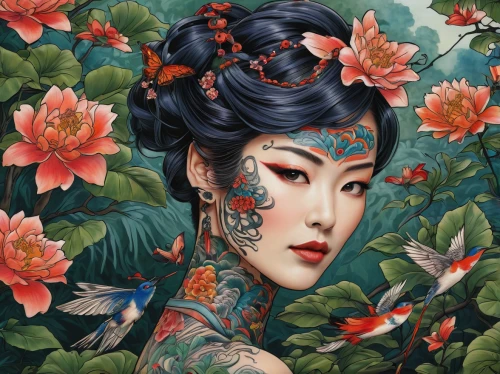 geisha girl,geisha,oriental princess,oriental girl,oriental painting,chinese art,japanese floral background,floral japanese,oriental,japanese art,han thom,girl in flowers,floral background,kahila garland-lily,janome chow,lotus blossom,fantasy portrait,flora,kimono fabric,vintage floral,Illustration,Realistic Fantasy,Realistic Fantasy 33