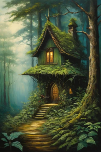 house in the forest,tree house,witch's house,fairy house,lonely house,little house,home landscape,ancient house,wooden house,witch house,log home,cottage,small house,treehouse,summer cottage,log cabin,wooden hut,tree house hotel,fairy door,traditional house,Illustration,Realistic Fantasy,Realistic Fantasy 34