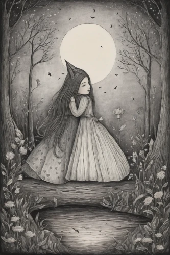 moonbeam,fairy tale character,mystical portrait of a girl,ballerina in the woods,queen of the night,book illustration,mirror in the meadow,fairy tale,the snow queen,faerie,moonlit,fairy tales,rusalka,mourning swan,moon phase,lunar phase,sleepwalker,a fairy tale,dead bride,children's fairy tale,Illustration,Black and White,Black and White 23