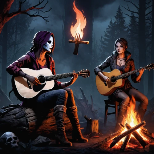 campfire,campfires,fireside,devilwood,musicians,game illustration,witches,celebration of witches,camp fire,acoustic,serenade,folk music,duet,concert guitar,rock band,music fantasy,guitar,halloween illustration,bonfire,playing the guitar,Conceptual Art,Fantasy,Fantasy 34