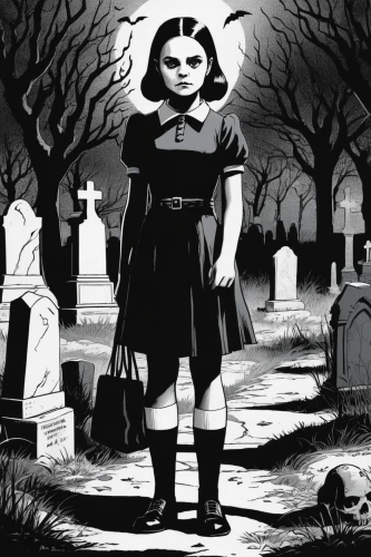 halloween illustration,graveyard,halloween poster,cemetary,vampira,grave light,goth woman,burial ground,children's grave,halloween and horror,gothic woman,grave stones,old graveyard,graves,the little girl,headstone,tombstones,magnolia cemetery,halloween line art,mourning,Illustration,Black and White,Black and White 10