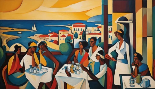 women at cafe,sicilian cuisine,greek food,mediterranean cuisine,bistro,beach restaurant,woman at cafe,mediterranean food,bistrot,a restaurant,restaurant,lisboa,puglia,mediterranean,casablanca,lisbon,restaurants,alpine restaurant,khokhloma painting,cuban food,Art,Artistic Painting,Artistic Painting 35