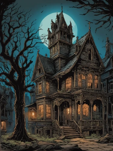 witch's house,the haunted house,witch house,haunted house,victorian house,haunted castle,halloween illustration,halloween scene,halloween and horror,creepy house,ghost castle,halloween background,halloween poster,victorian,haunted,halloween wallpaper,old home,doll's house,halloween night,apartment house,Illustration,American Style,American Style 01
