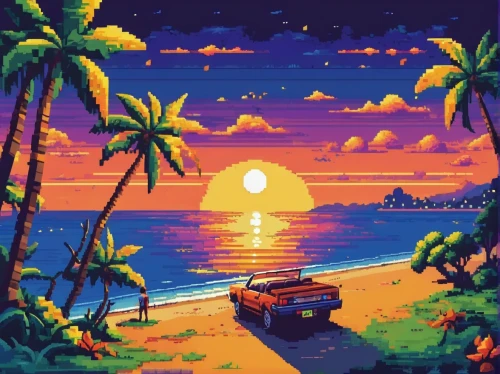 tropics,pixel art,retro background,oahu,tropical beach,palmtrees,kauai,dream beach,maui,honolulu,acapulco,kohphangan,sunset beach,coast sunset,ocean paradise,hawaii,ocean,retro styled,cabana,luau,Unique,Pixel,Pixel 04