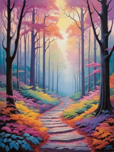 purple landscape,forest landscape,forest path,fairy forest,forest of dreams,forest road,fairytale forest,enchanted forest,pathway,forest glade,forest background,winter forest,oil painting on canvas,cartoon forest,the mystical path,fantasy landscape,hiking path,tree grove,landscape background,mushroom landscape,Illustration,American Style,American Style 05