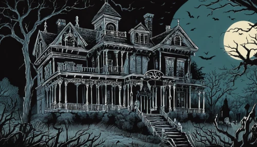the haunted house,witch house,witch's house,haunted house,haunted castle,halloween poster,ghost castle,creepy house,halloween illustration,halloween and horror,bram stoker,haunt,victorian house,haunted,haunted cathedral,halloween background,house silhouette,halloween scene,victorian,house in the forest,Illustration,American Style,American Style 13