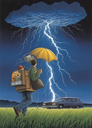 thunderstorm,thunderstorm mood,mailman,weather icon,sci fiction illustration,snes,weatherman,super nintendo,travel trailer poster,rainstorm,book electronic,surrealism,man with umbrella,delivering,surrealistic,monsoon,caravanning,meteorology,steve medlin,united states postal service,Illustration,Children,Children 03