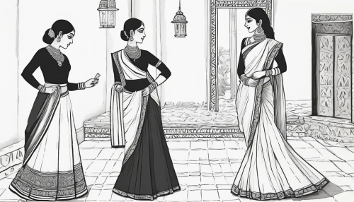 women clothes,ethnic design,women silhouettes,women's clothing,sari,tusche indian ink,indian art,east indian pattern,ladies clothes,traditional,dowries,abaya,traditional costume,fashion illustration,tamil culture,dress form,costume design,bridal clothing,traditional patterns,sewing pattern girls,Illustration,Black and White,Black and White 22