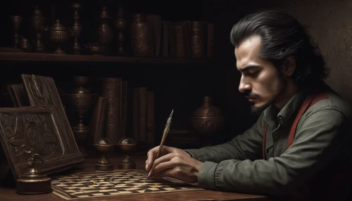 chess player,meticulous painting,fryderyk chopin,mozart,chess men,italian painter,chess,chess game,concentration,chopin,theoretician physician,persian poet,painting technique,chess icons,play chess,mozart taler,tinsmith,game illustration,magician,digital painting,Illustration,Realistic Fantasy,Realistic Fantasy 17