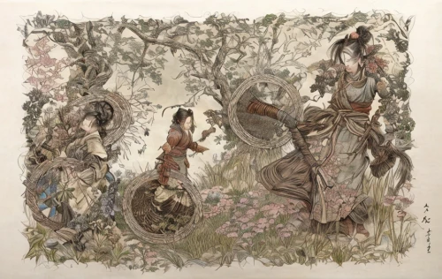 arthur rackham,vintage fairies,tapestry,kate greenaway,fairies,secret garden of venus,children's fairy tale,apollo and the muses,khokhloma painting,garden-fox tail,capricorn mother and child,amano,hunting scene,oriental painting,mother with children,rabbits and hares,girl picking apples,fae,the three magi,happy children playing in the forest,Game Scene Design,Game Scene Design,Japanese Martial Arts