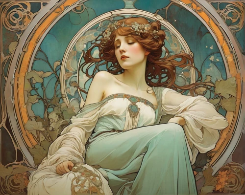 mucha,art nouveau,alfons mucha,art nouveau design,art nouveau frame,art nouveau frames,art deco woman,emile vernon,girl in a wreath,absinthe,art deco frame,rusalka,dryad,rococo,art deco,artemisia,laurel wreath,psyche,secret garden of venus,flora,Illustration,Retro,Retro 03