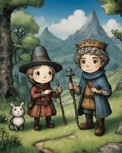 villagers,girl and boy outdoor,game illustration,pilgrims,forest workers,fairytale characters,goatherd,children's background,two sheep,stick children,little boy and girl,hikers,children's fairy tale,shepherds,kids illustration,elves,the pied piper of hamelin,hobbit,arrowroot family,vintage children,Art,Artistic Painting,Artistic Painting 02