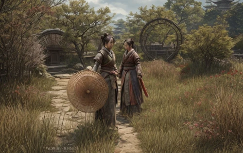 vendor,pilgrimage,the hat of the woman,the wanderer,archery,bow and arrows,longbow,scythe,field archery,witcher,bows and arrows,the mystical path,shepherd's staff,guards of the canyon,huntress,nomads,rim of wheel,kadala,merchant,woman at the well,Game Scene Design,Game Scene Design,Japanese Martial Arts