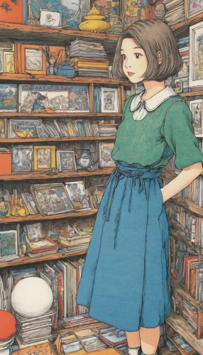 studio ghibli,book store,bookshop,bookstore,record store,book wall,shirakami-sanchi,bookcase,music books,music store,mari makinami,girl with speech bubble,bookworm,bookshelf,books pile,books,novels,tea and books,book collection,librarian,Illustration,Japanese style,Japanese Style 11