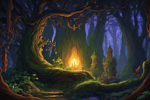 elven forest,enchanted forest,fairy forest,druid grove,fairytale forest,fairy house,holy forest,devilwood,fantasy landscape,fairy chimney,forest glade,fairy village,haunted forest,witch's house,fantasy picture,forest landscape,forest background,the forest,house in the forest,forest of dreams,Illustration,American Style,American Style 11