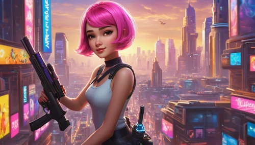 cyberpunk,girl with gun,girl with a gun,spy,rockabella,pixie-bob,hk,futuristic,cg artwork,valerian,barbie,rosa ' amber cover,metropolis,neo-burlesque,magenta,kosmea,tiana,pink city,shanghai,pink vector