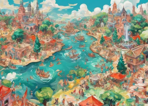 oktoberfest background,tokyo disneysea,fantasy city,shanghai disney,disney sea,disney-land,tokyo disneyland,amusement park,fantasy world,disney land,studio ghibli,fairy world,fairy village,medieval town,disneyland park,the disneyland resort,escher village,dream world,colorful city,city cities,Conceptual Art,Oil color,Oil Color 18