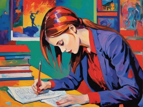 girl studying,girl at the computer,the girl studies press,girl drawing,writing-book,tutor,writer,meticulous painting,red pen,author,female worker,study,academic,illustrator,painting technique,to write,scholar,woman thinking,art academy,artist portrait,Conceptual Art,Oil color,Oil Color 25