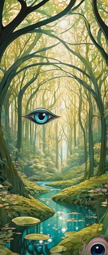 tree grove,parallel worlds,third eye,acid lake,cartoon video game background,cartoon forest,forest of dreams,enchanted forest,fairy forest,druid grove,surrealism,panoramical,the eyes of god,the forests,elven forest,mirror of souls,fantasy picture,the forest,background image,frog background,Illustration,Retro,Retro 08