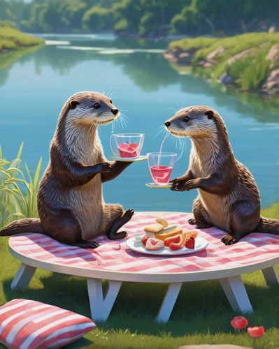 otters,dinner for two,romantic dinner,picnic,anthropomorphized animals,meerkats,drinking party,picnic boat,romantic scene,penguin couple,whimsical animals,still life with jam and pancakes,romantic meeting,island residents,date night,idyllic,raccoons,apéritif,cocktails,tea party,Conceptual Art,Sci-Fi,Sci-Fi 24